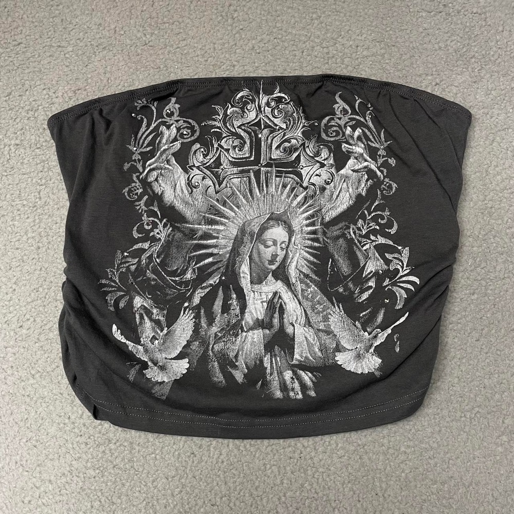 Romwe Tube Top Women XL Grey Goth Virgin Mary Religious Graphic Rhinestone Y2K
